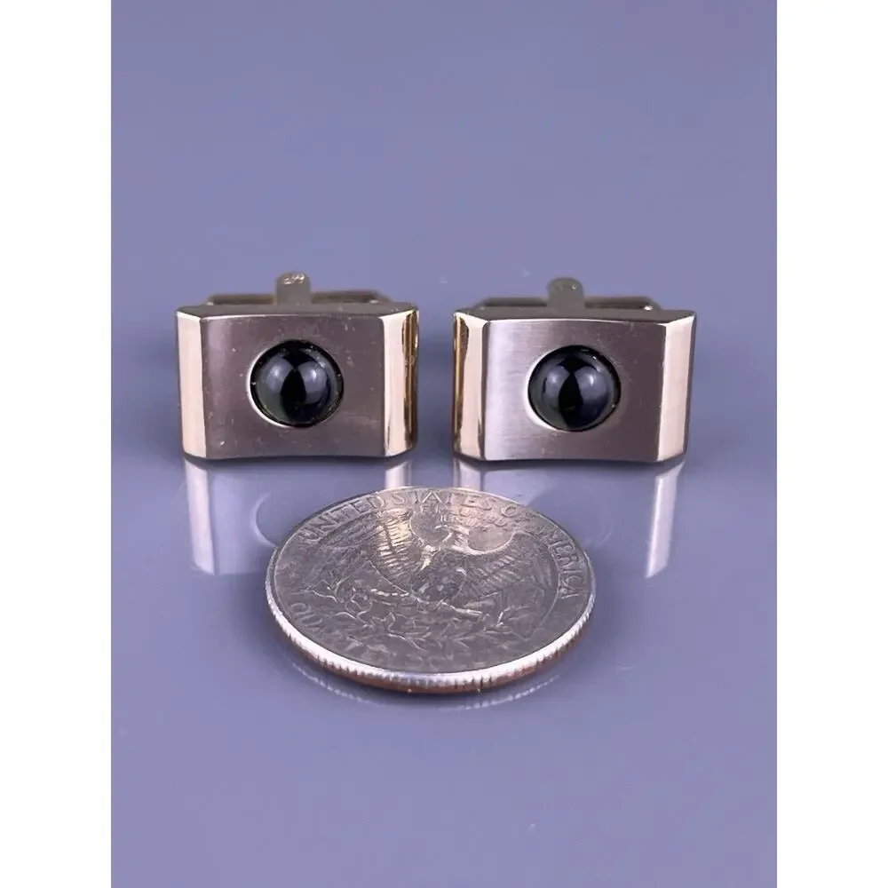Green Glass Cabochon Cufflinks Gold & Silver Tone Simple Hickok Vintage
